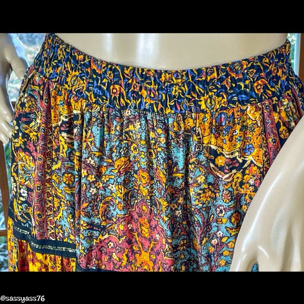 ▪️VTG▪️CAROL LITTLE▪️Multi-Color Floral Black & Gold Ribbon Maxi Prairie Skirt - Picture 3 of 7